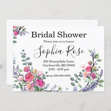 Watercolor Lavender Pink Wild Rose and Eucalyptus Invitations