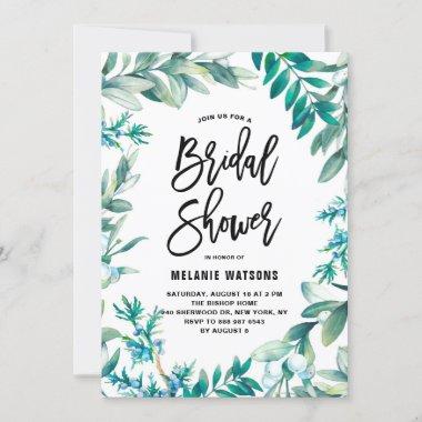 Watercolor Leaves & Berries Wreath Bridal Shower Invitations