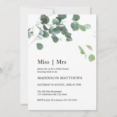 Watercolor Leaves Botanical Miss Mrs Bridal Shower Invitations