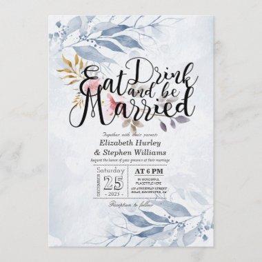Watercolor Leaves EAT Drink & Be Married Wedding Invitations