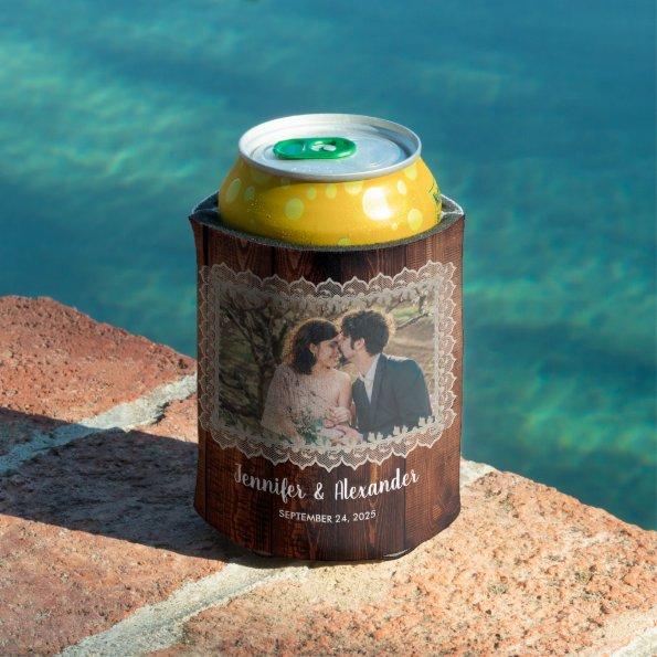 Watercolor leaves rustic wood lace photo wedding can cooler