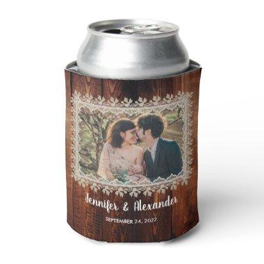 Watercolor leaves rustic wood lace photo wedding can cooler