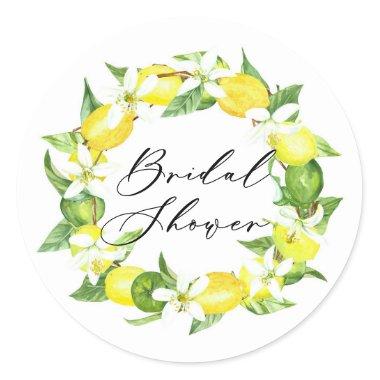 Watercolor Lemon Blossoms Wreath Bridal Shower Classic Round Sticker