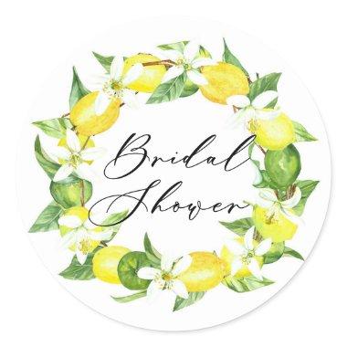 Watercolor Lemon Blossoms Wreath Bridal Shower Classic Round Sticker