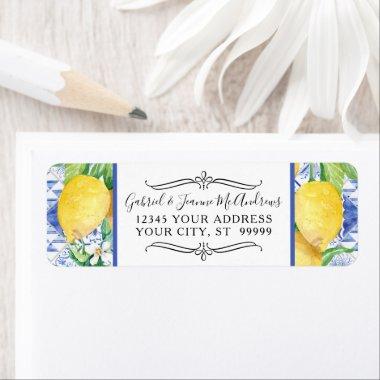 Watercolor Lemon Floral Greenery Wreath Blue White Label