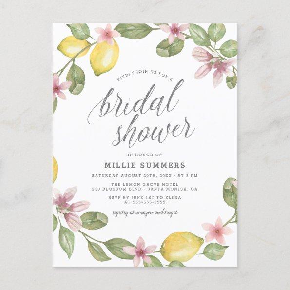 Watercolor Lemon Greenery Modern Bridal Shower Invitation PostInvitations
