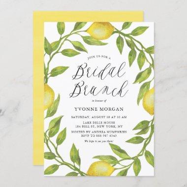 Watercolor Lemon Greenery Wreath Bridal Brunch Invitations