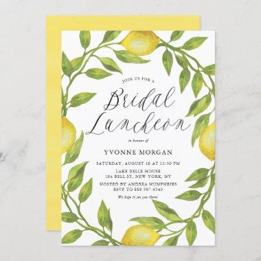 Watercolor Lemon Greenery Wreath Bridal Luncheon Invitations
