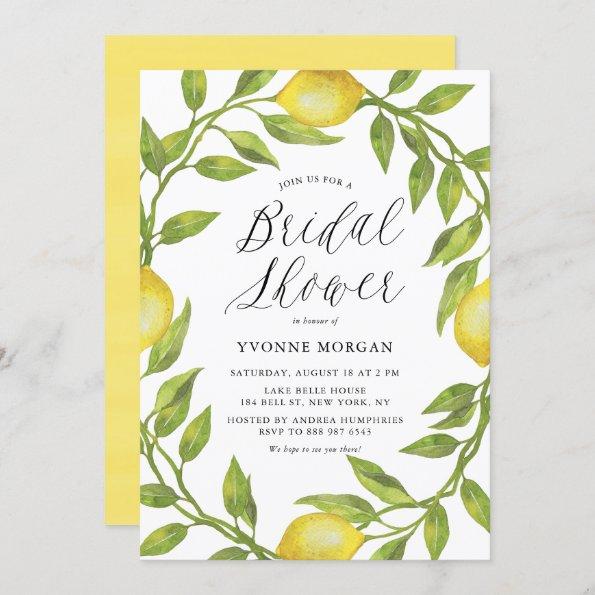 Watercolor Lemon Greenery Wreath Bridal Shower Invitations