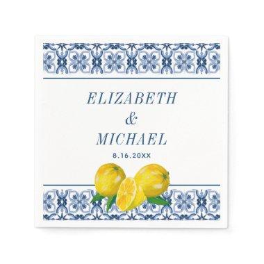 Watercolor Lemon Italian Blue Tile Wedding Napkins