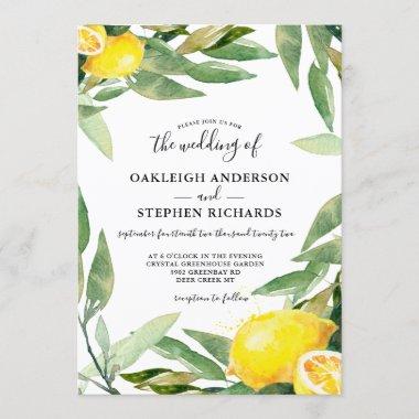 Watercolor Lemon Wreath Boho Wedding Invitations