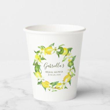 Watercolor Lemon Wreath Bridal Shower Paper Cups