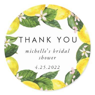 Watercolor Lemon Wreath Bridal Shower Thank You Classic Round Sticker