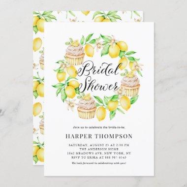 Watercolor Lemons & Cupcakes Wreath Bridal Shower Invitations