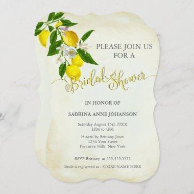 Watercolor Lemons & Leaves Bridal Shower Invitations