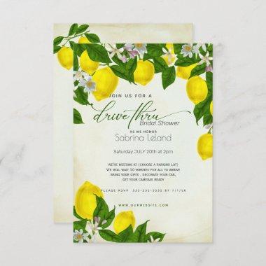 Watercolor Lemons & Leaves DriveThru Bridal Shower Invitations