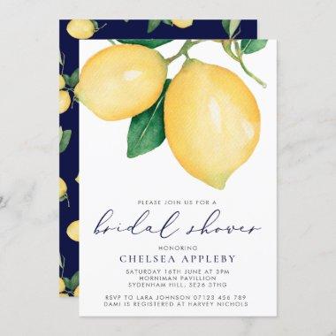 Watercolor Lemons & Navy Bridal Shower Invitations