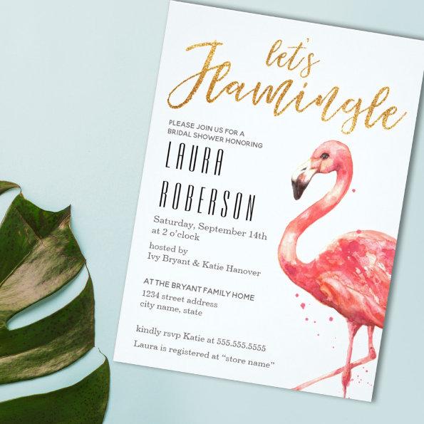 Watercolor Let's Flamingle in Gold | Bridal Shower Invitations