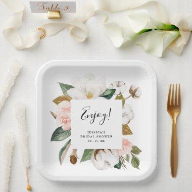 Watercolor Magnolia & Blush Bridal Shower Paper Plates