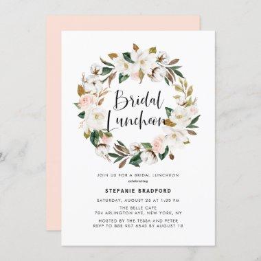 Watercolor Magnolia Cotton Wreath Bridal Luncheon Invitations