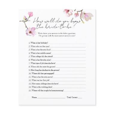 Watercolor Magnolia Know the Bride Shower Game Flyer