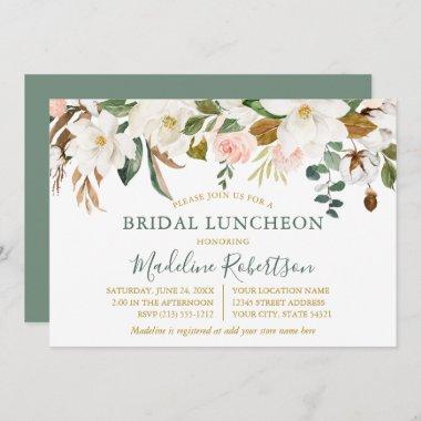Watercolor Magnolia Roses Bridal Lunch Sage Green Invitations