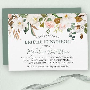 Watercolor Magnolia Roses Sage Green Bridal Lunch Invitations