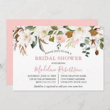 Watercolor Magnolias Pink Roses Bridal Shower Invitations