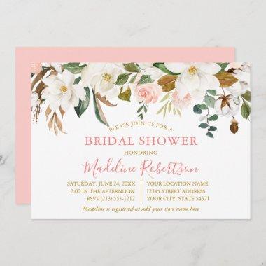 Watercolor Magnolias Pink Roses Gold Bridal Shower Invitations