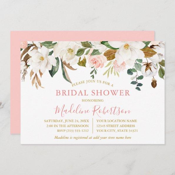Watercolor Magnolias Pink Roses Gold Bridal Shower Invitations