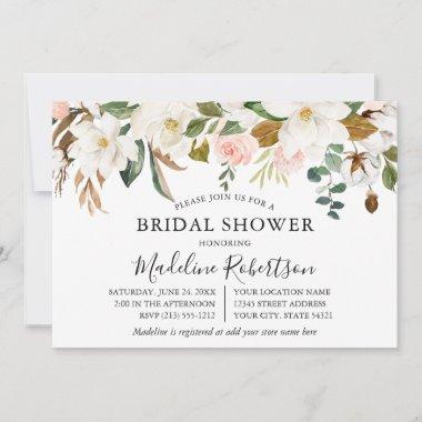 Watercolor Magnolias Roses Bridal Shower Invitations