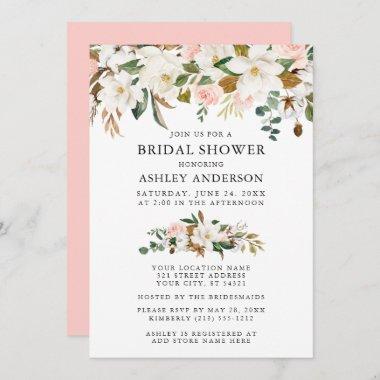 Watercolor Magnolias Roses Bridal Shower Pink Invitations
