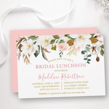 Watercolor Magnolias Roses Gold Bridal Luncheon Invitations