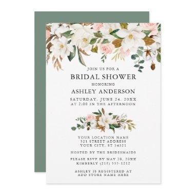 Watercolor Magnolias Roses Sage Green Shower