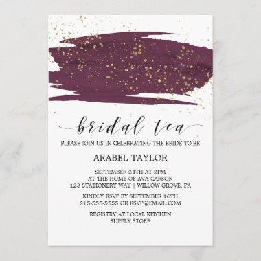 Watercolor Marsala and Gold Sparkle Bridal Tea Invitations