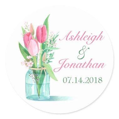 Watercolor Mason Jar Tulips Wedding Favor Sticker