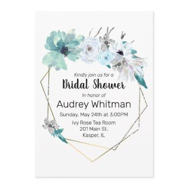 Watercolor Mist Blue Gray Teal Floral Gold Frame