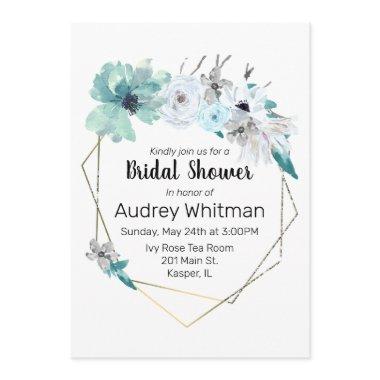 Watercolor Mist Blue Gray Teal Floral Gold Frame Invitations