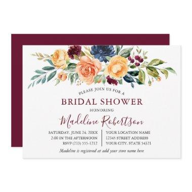 Watercolor Mixed Floral Bridal Shower Burgundy Invitations