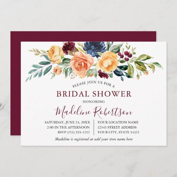 Watercolor Mixed Floral Bridal Shower Burgundy Invitations