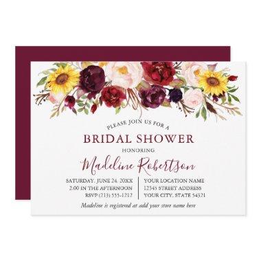 Watercolor Mixed Floral Burgundy Bridal Shower Invitations