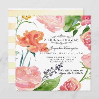 Watercolor Modern Rose Floral Flower Bridal Shower Invitations