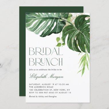 Watercolor Monstera Leaves Tropical Bridal Brunch Invitations