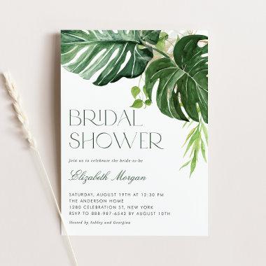 Watercolor Monstera Leaves Tropical Bridal Shower Invitations