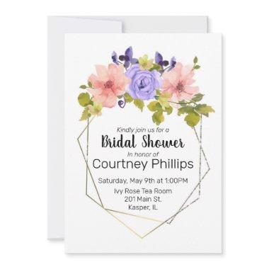 Watercolor Muted Flower Geometric Gold Frame Invitations