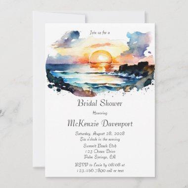 Watercolor Nautical Beach Scene Bridal Shower Invitations