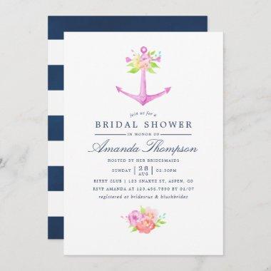 Watercolor Nautical Themed Floral Bridal Shower Invitations