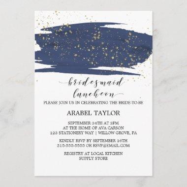 Watercolor Navy and Gold Bridesmaid Luncheon Invitations