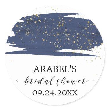 Watercolor Navy and Gold Sparkle Bridal Shower Classic Round Sticker