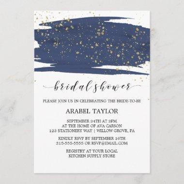 Watercolor Navy and Gold Sparkle Bridal Shower Invitations